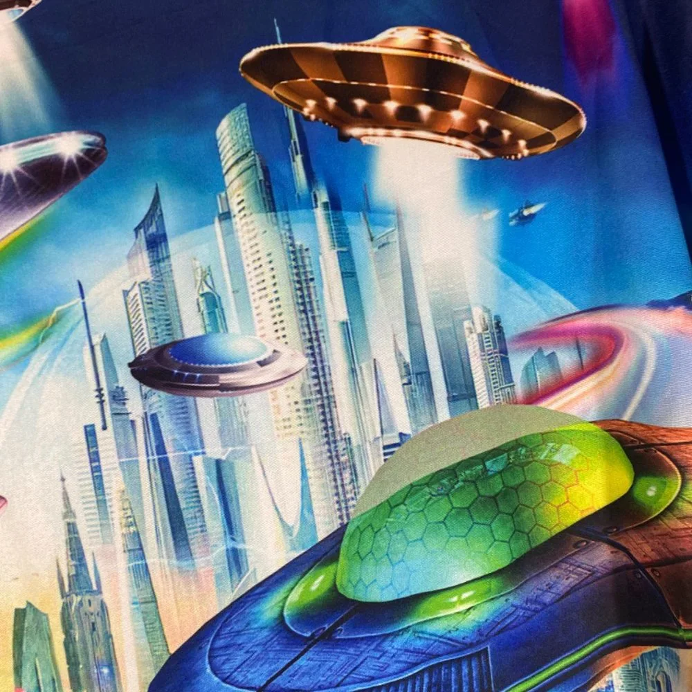 Alien Invasion Graphic Print Short Sleeve Button Down Shirt NWOT Women's Size L - Picture 10 of 12